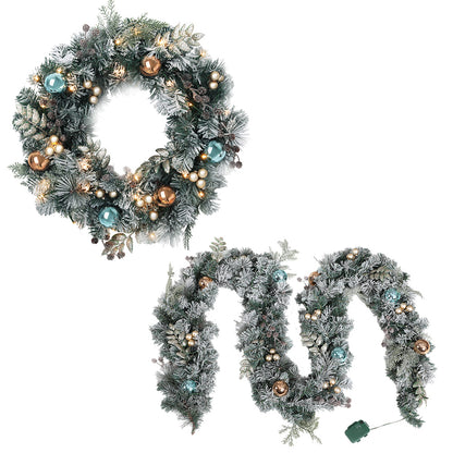 Jingle Jollys Christmas Garland with Wreath Set Snow Frosted Xmas Tree Decor