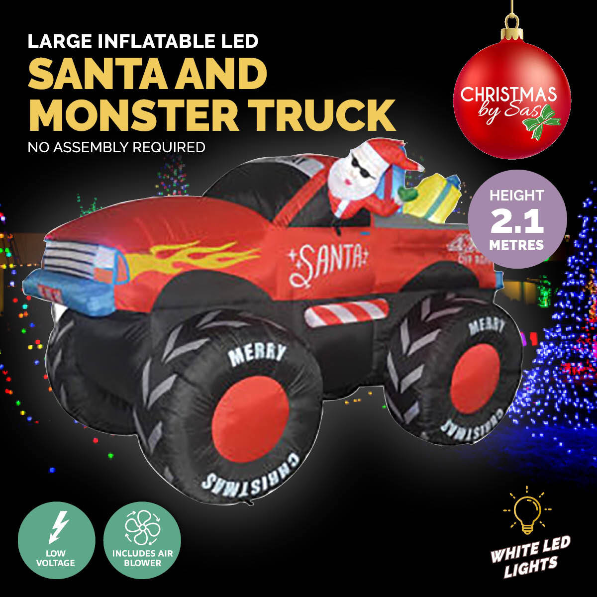 Christmas By Sas 2.1m Santa & Monster Truck Built-In Blower LED Lighting