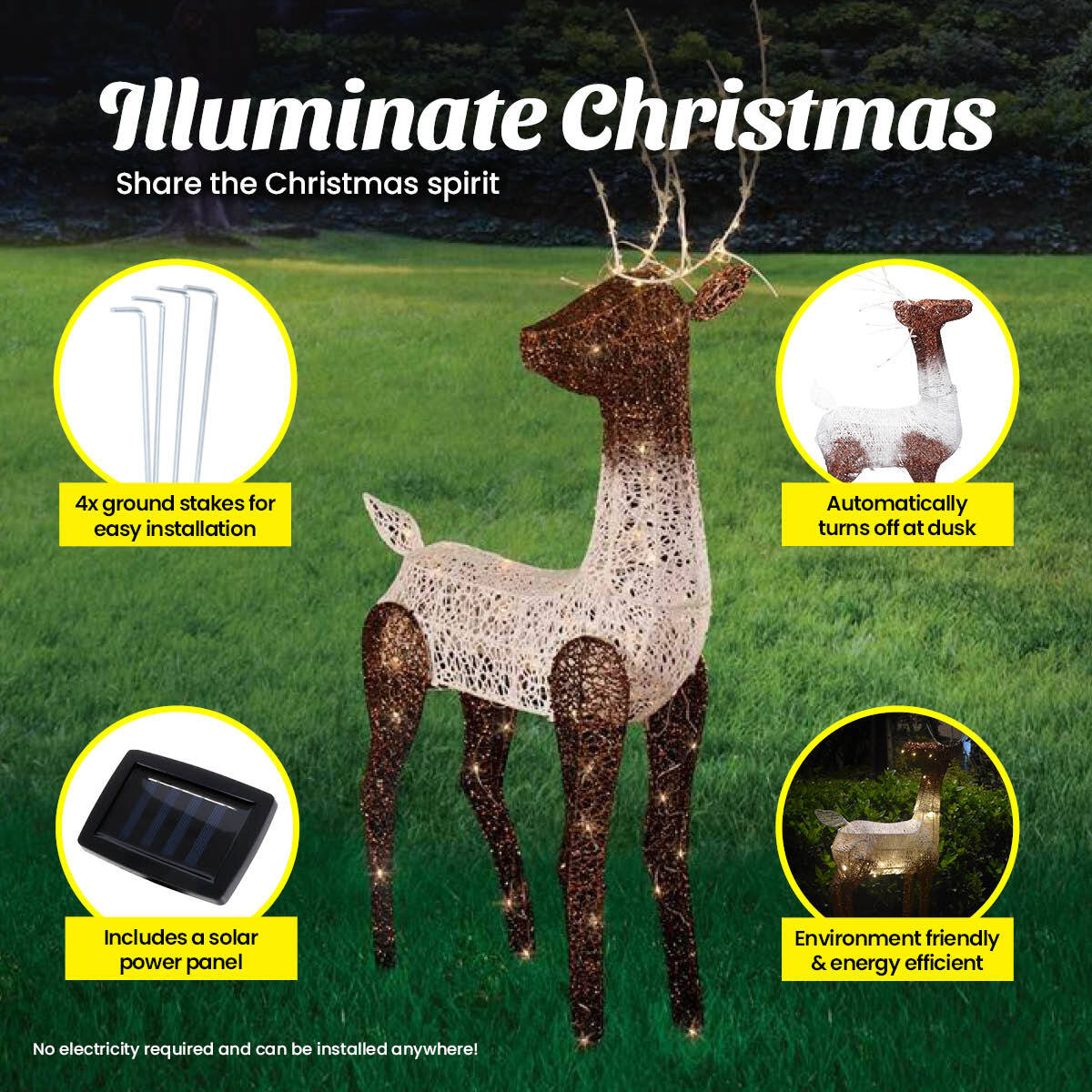 Christmas By Sas 1.2m Reindeer Glitter Wire Solar LED Warm White Auto Sensor